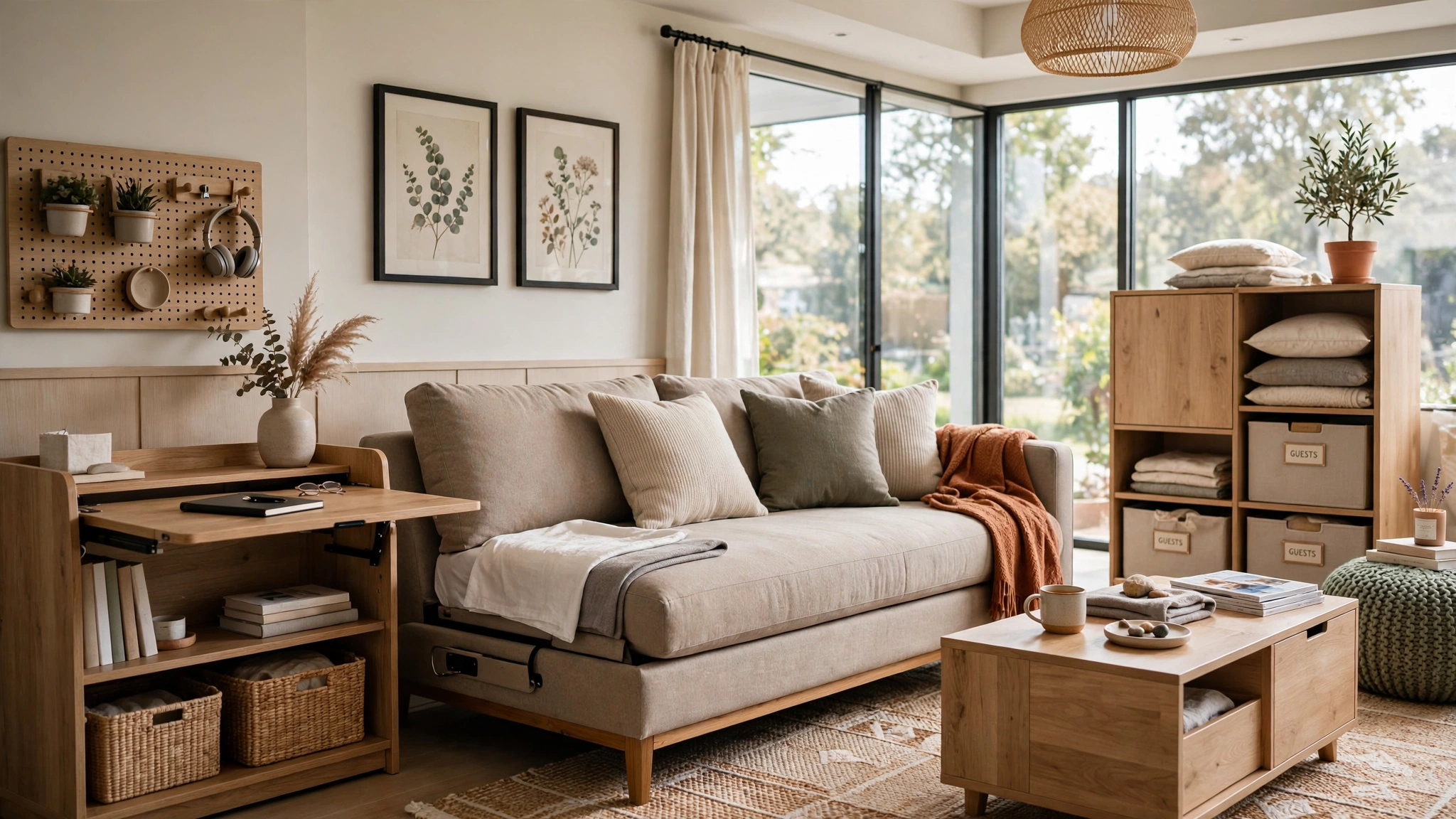Stylish sleeper sofa bed in guest living room, multifunctional modern furniture