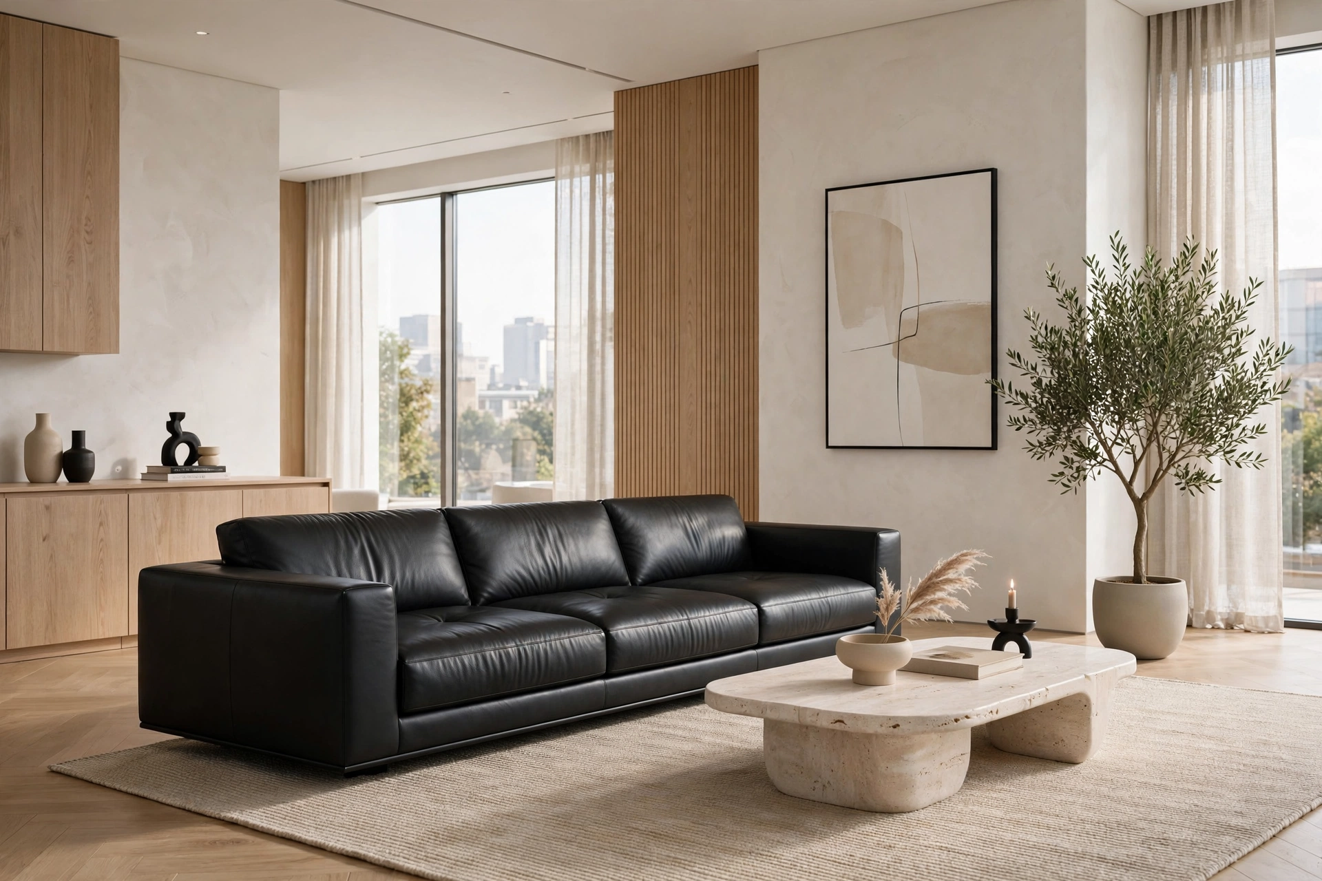 Sleek modern leather sofa in minimalist living room, contemporary luxury