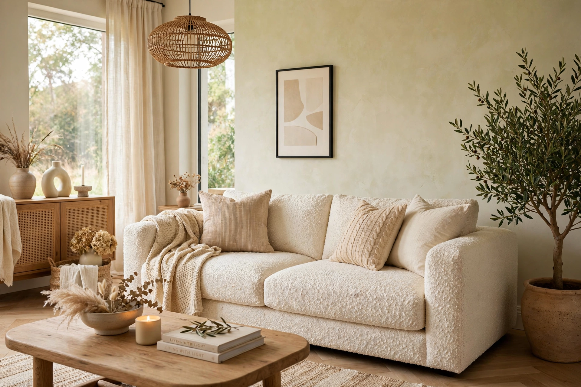 Textured cream boucle fabric sofa, trendy cozy living room