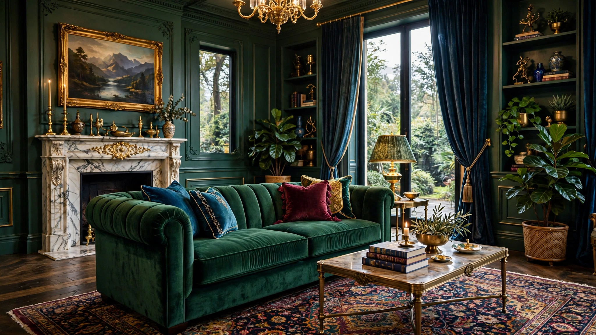 Jewel-tone emerald green velvet sofa, luxurious elegant living room