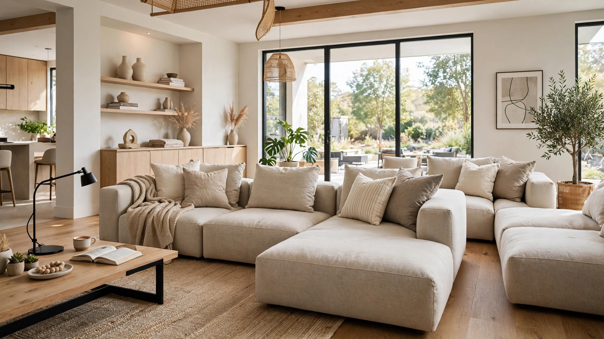 Modular sectional sofa in neutral tones, flexible modern living room layout