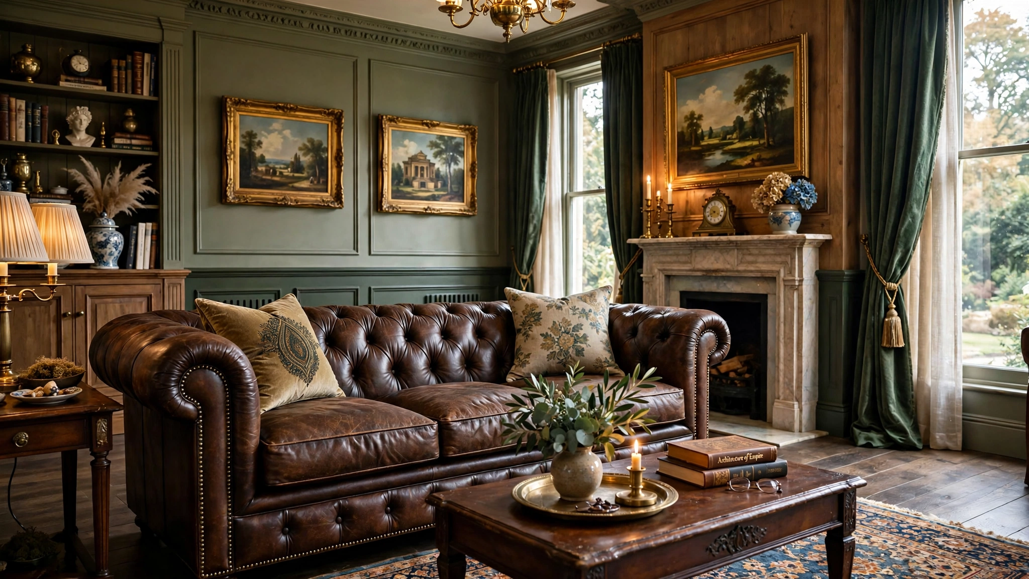 Classic Chesterfield sofa with deep button tufting, timeless elegant living room