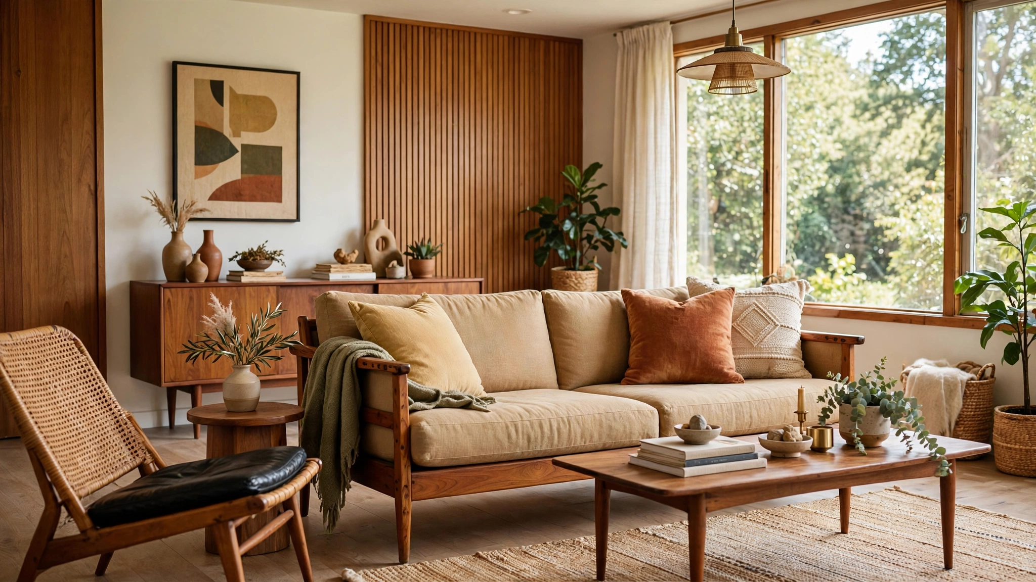 Wooden frame sofa with exposed wood arms, mid-century modern living room