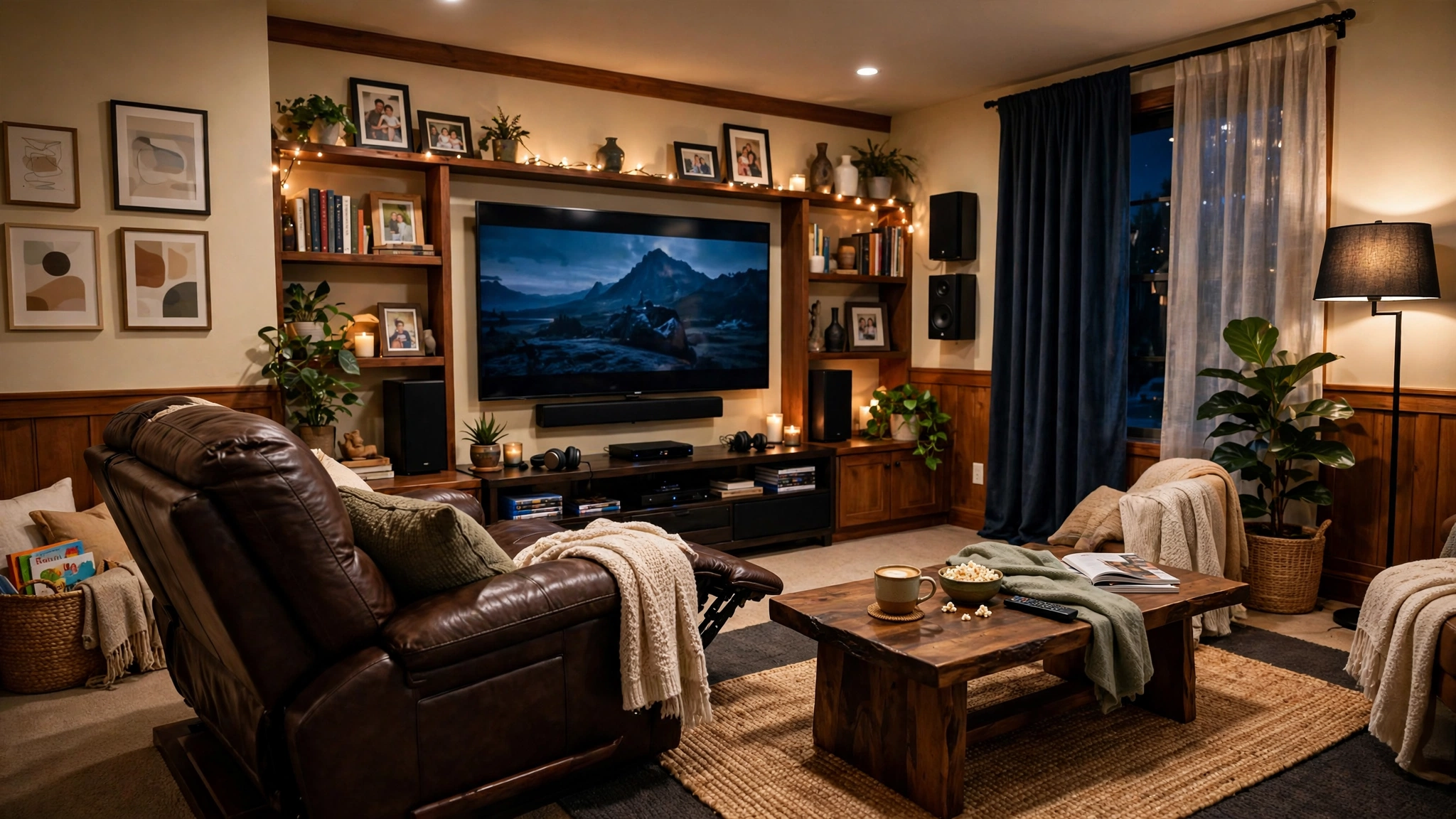 Comfortable recliner sofa in cozy living room, relaxed family space