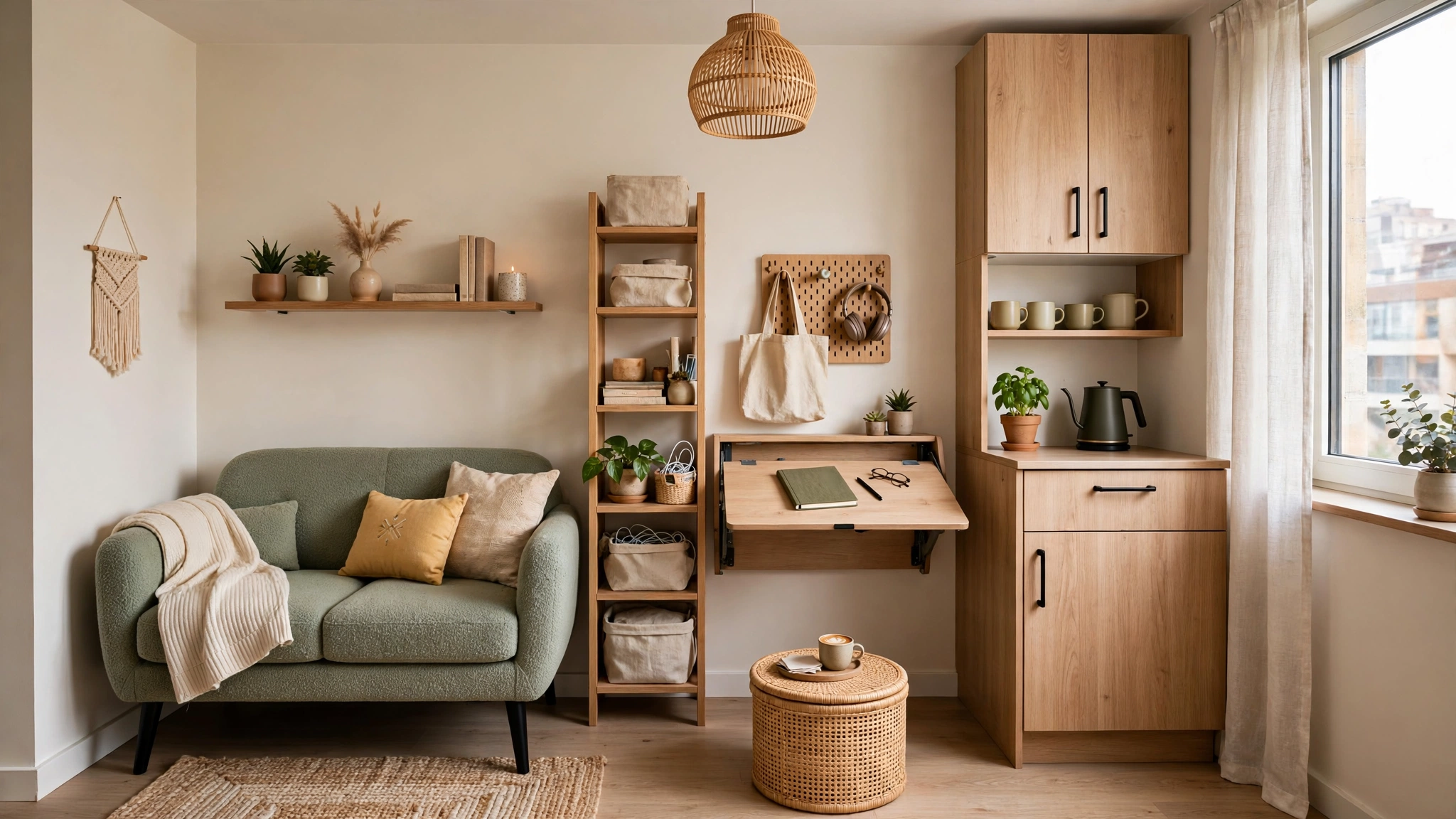 Compact loveseat in small apartment living room, space-efficient modern decor